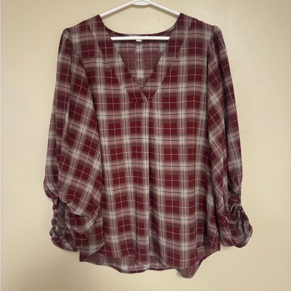Blu Pepper V-neck Plaid Balloon Sleeve Blouse Large